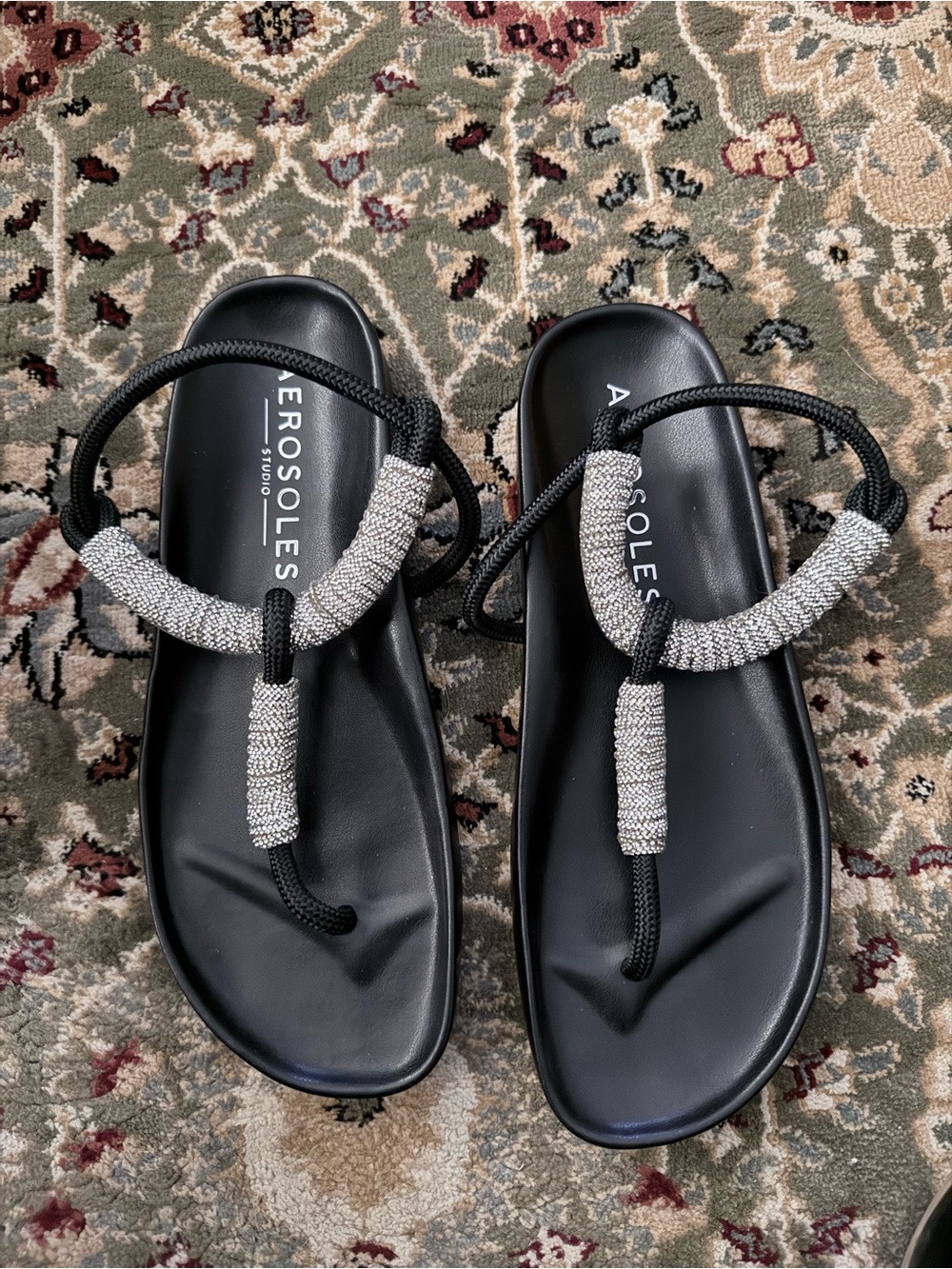 AEROSOLES Black Sandals with Silver on straps, T-Strap